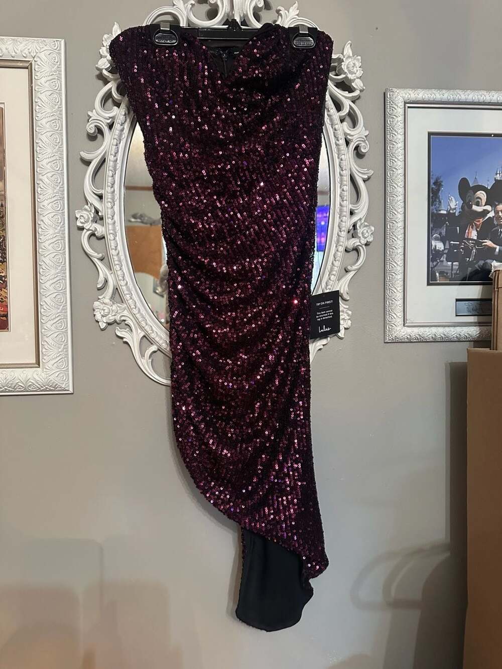 Lulus Strapless Sequin Asymmetrical Ruched Midi Dress